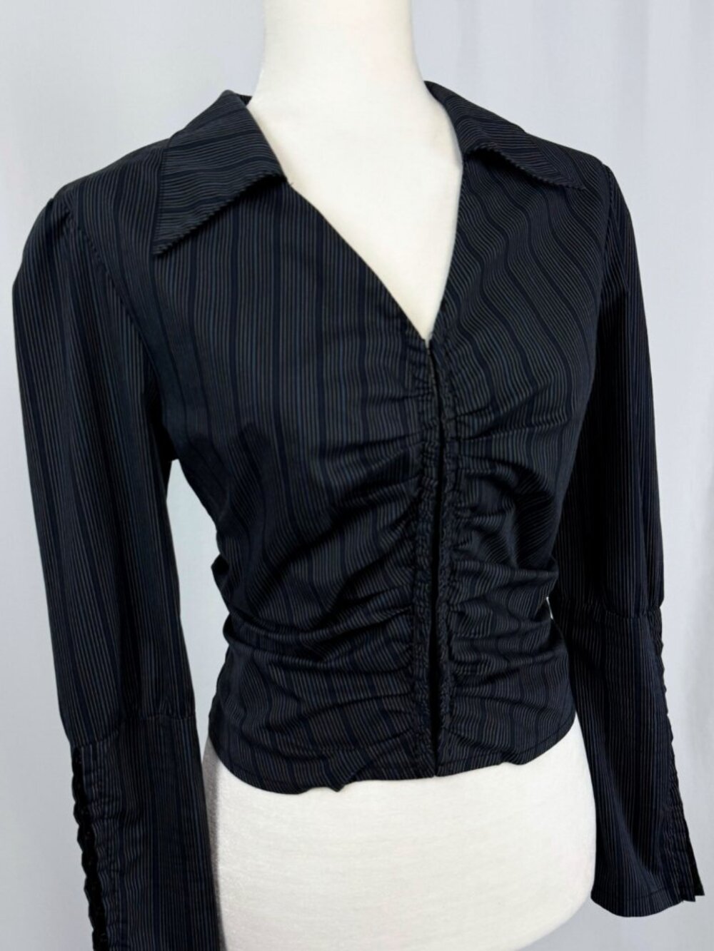 Vintage Y2K Black Pinstripe Corset Blouse Office Siren Ruched M
